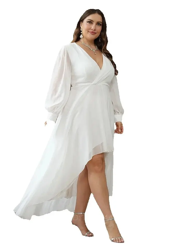 

Elegant Casual Female Clothes Big Size Women's Wedding Dress 2025 Fashion Large Lady Chiffon V-Neck Long Sleeve White Long Dress