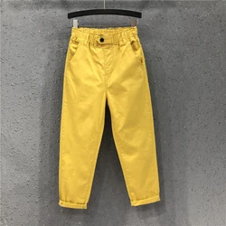 Calça jeans feminina casual de algodão, harem jeans, cintura elástica, que mistura tudo, jeans amarelo e branco, tamanho 6XL, nova chegada, verão