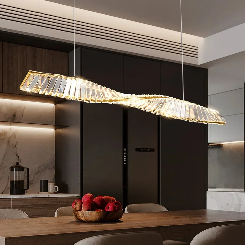 SANDYHA Postmodern Crystal Chandelier Long Strip Golden LED Pendant Lamp for Dining Room Bedroom Home