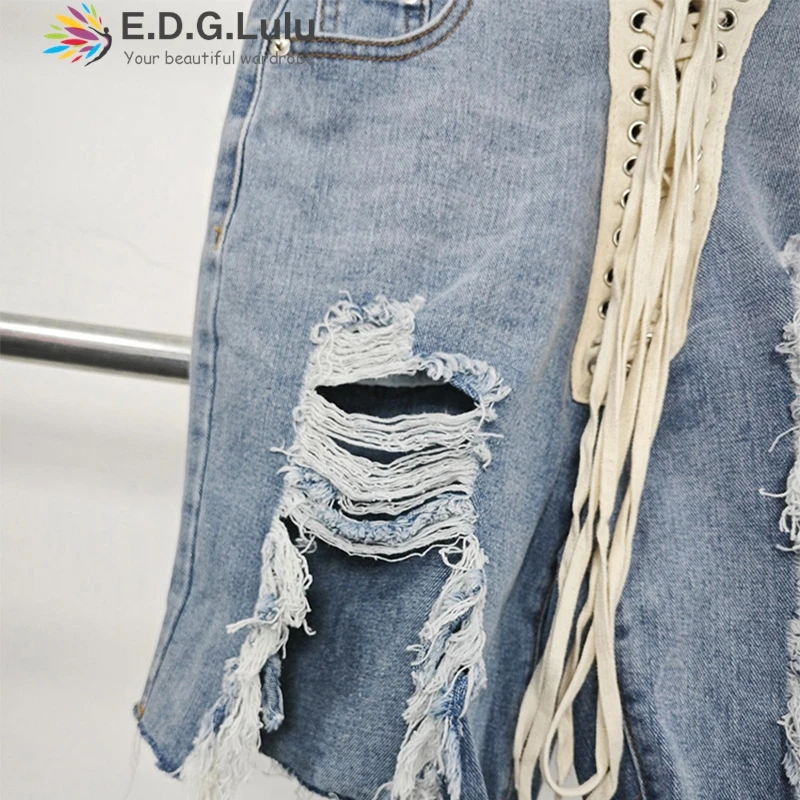 EDGLuLu موضة الشارع تصميم عالية الخصر الرباط الدانتيل متابعة الدنيم السراويل السيدات الجوف خارج مع ثقوب الدنيم السراويل 1011
