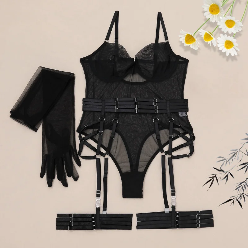 

Bikini Fashion Sexy Underwear Suit Sheer Mesh Body-Shaping Corsets Garter Three-Piece Suit Women Erotic Role Play Bodysuit