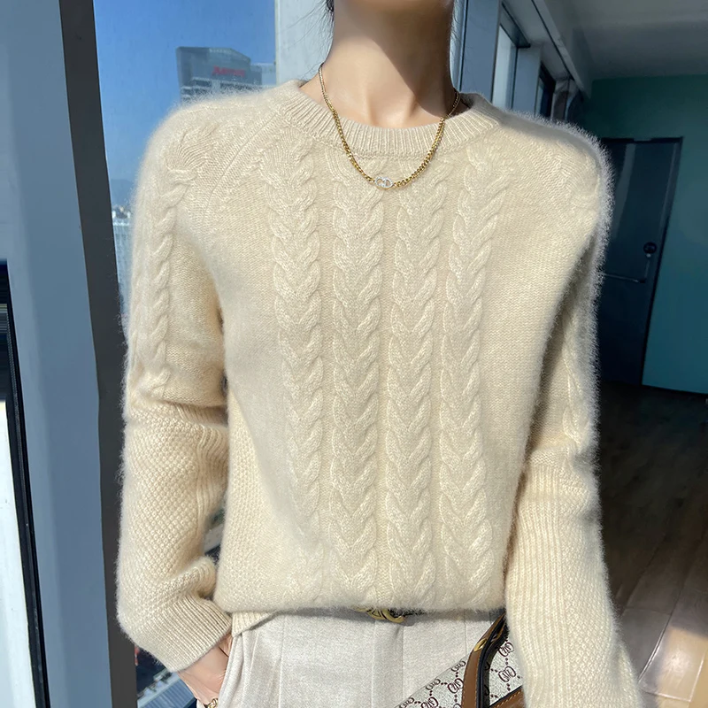 Lang ärmel iger, verdickter Rundhals ausschnitt für Damen Herbst/Winter einfarbig luxuriöser und hochwertiger warmer Strick pullover aus 100% Merinowolle