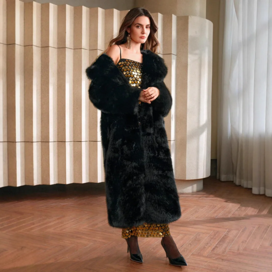 Luxury Winter Women's Long Faux Fur Coat Fluffy Gradient Fox Fur Jacket For Female Furry Lapel Collar Lady's Mink Fur Overcoat