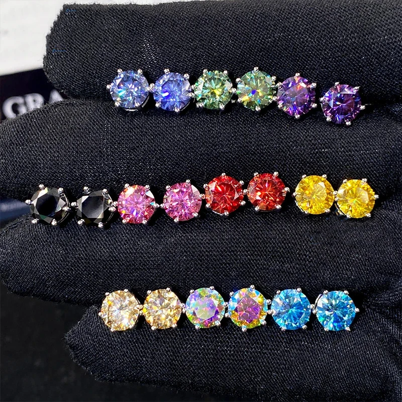 1ct-6ct Moissanite Stud Earrings 21 Colors Certified Lab Created Moissan Diamond 925 Sterling Silver 18K Plated Wedding Jewelry
