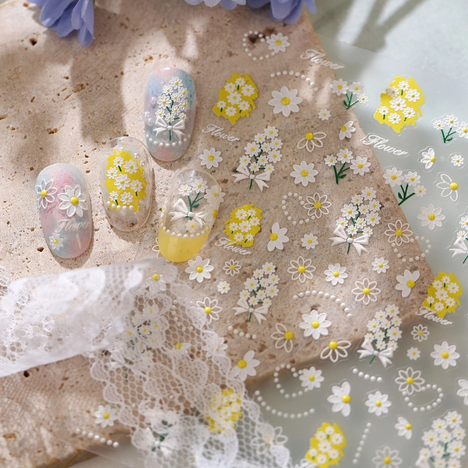 White Daisy Bouquet 5D Nail Art Stickers Flower Yellow Core Floral Cluster Vine Twig Self Adhesive Nail Art Decoration Manicure