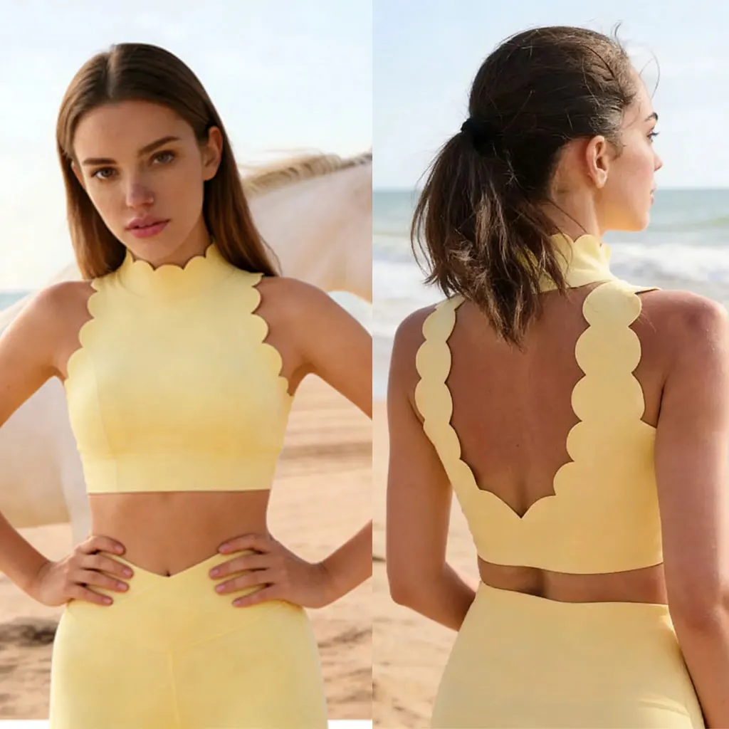 

FUBEIKE Women Sport Top Hanging Neck V Collar Yoga Bra Lace Thick Shoulder Strap Beauty Back Women's Tracksuit Running Fitness