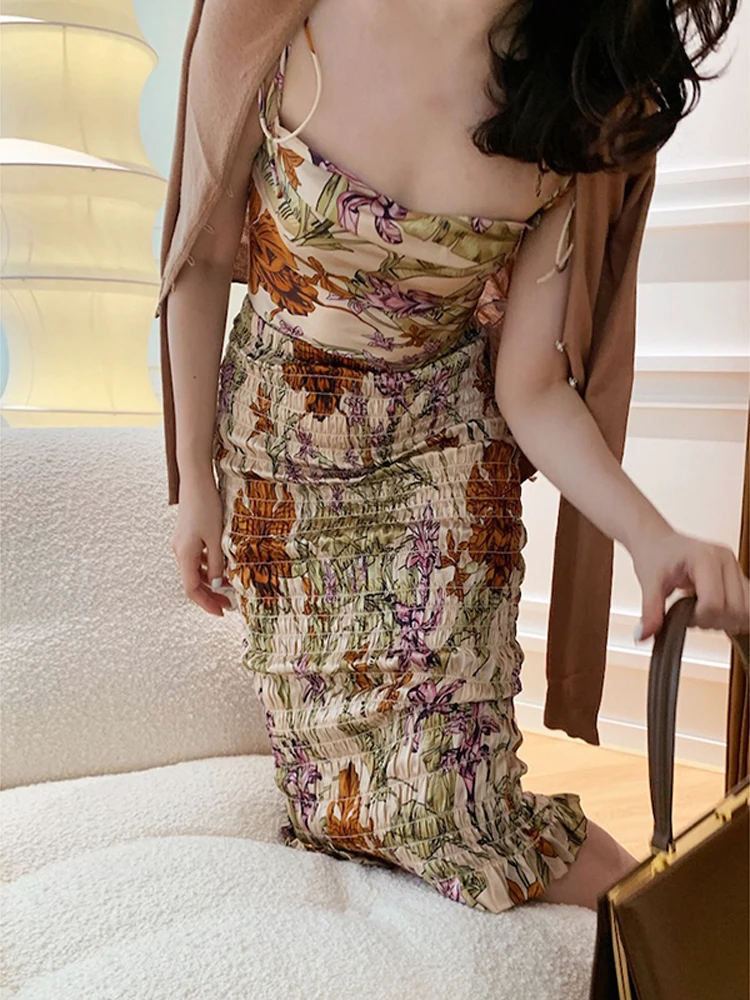 

Lowey Banana And Orchid 9mm Silk Satin Print Wrap Slit Crop Top Women's Slim Fit Commute Sle Summer Faion Vest Top