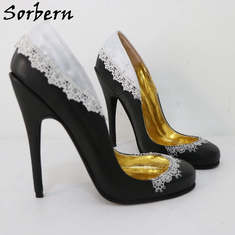 Sorber Vintage nero punta tonda donna décolleté pizzo raso Lolita tacchi alti 15Cm taglia Us12 tacchi a spillo Slip On scarpe Fetish Pump