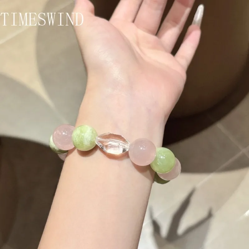 TIMESWIND Natürliche Original Rosa Kristall Grün Stein Runde Perlen Segnen Frauen Armband Modeschmuck mit Zertifikat