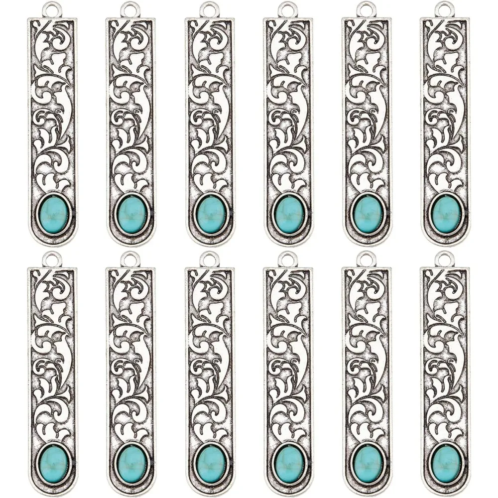 1 Box 20Pcs Synthetic Turquoise Charms Vintage Style Rectangle Bar Flower Pattern Gemstone Charms for Jewelry Making Charms