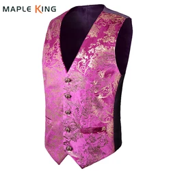 Pink Vests Victorian Waistcoat Men Gilet Costume Homme Vintage Gold Bronzing Floral Printed Party Dress Suit Vest Mens Chalecos