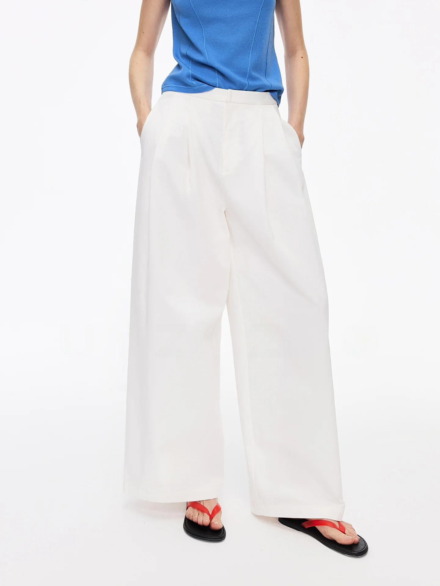 

High Waist Cotton Feel Straight Leg Casual Trousers UZZO Women's Loose Wide Leg Pants Spring Seasonal Comfortable White