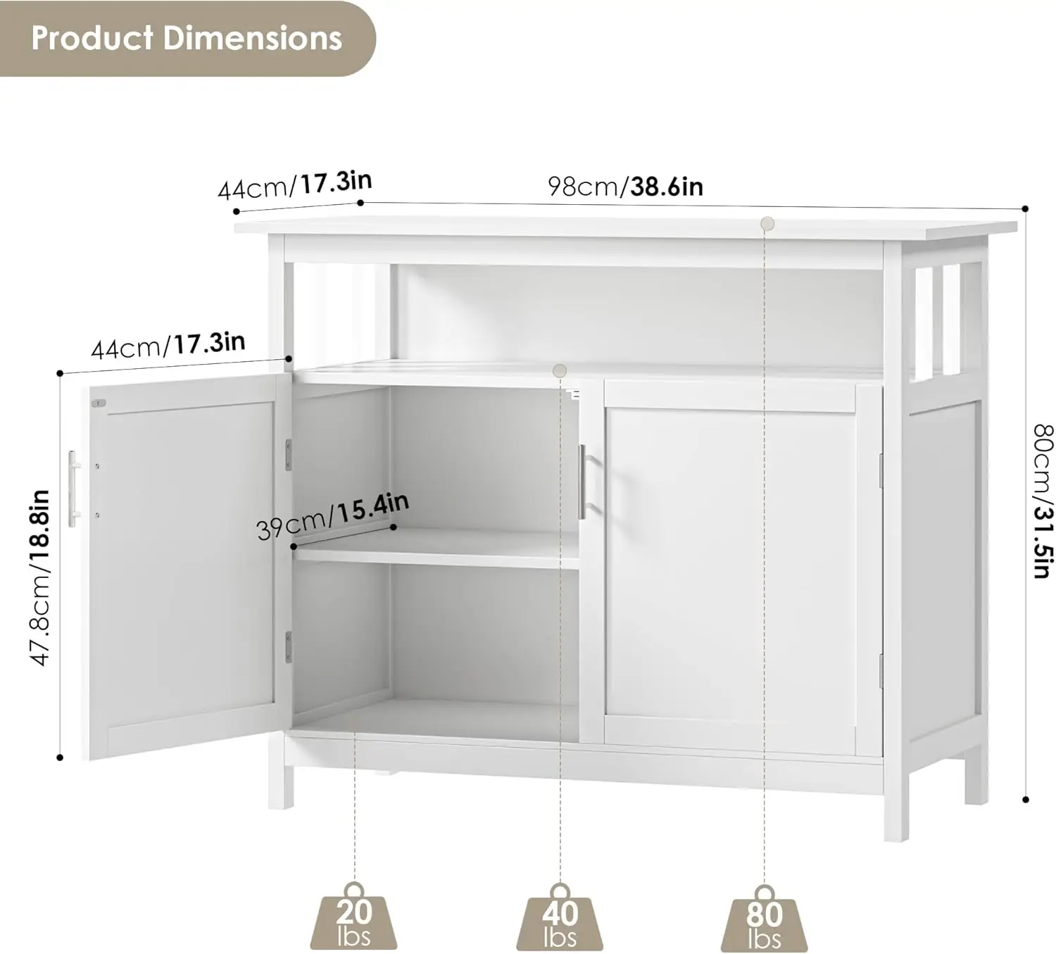 Buffet de planche, armoire de cuisine moderne avec 2 portes et grande brittop, armoire de café-bar avec compartiment ouvert