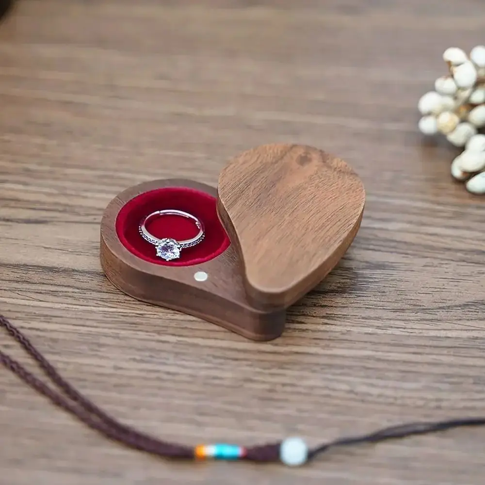 Heart Shape Engagement Ring Box Walnut Wood Magnetic Cover Earring Storage Box Durable Reusable Wooden Jewelry Box Ear Stud