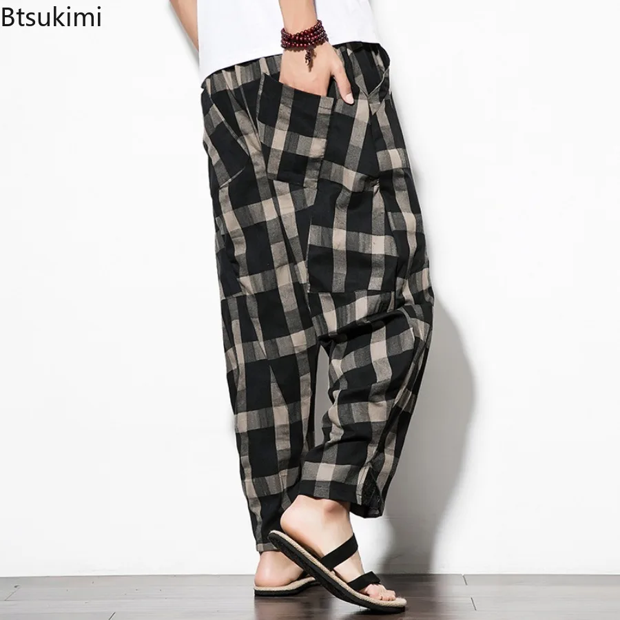 2025 Autumn New Men's Cotton Plaid Pants Casual Retro Fashion Trousers Plus Size Loose Wide Leg Trousers Man Joggers Streetwear