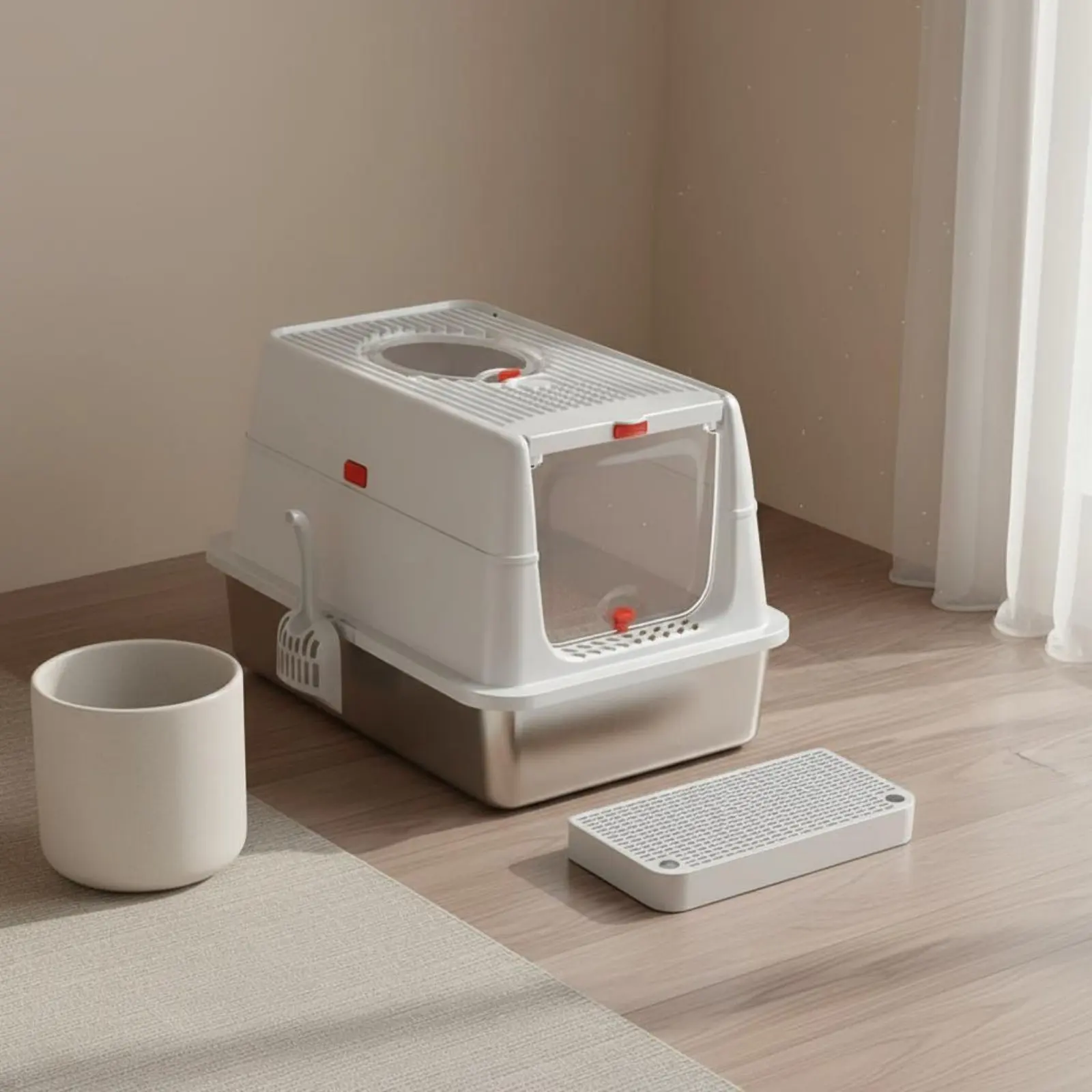 

Stainless Steel Litter Box Scuff-Resistant Resistant Additional Large Hinged Lid Litter Box Covered Kitty Litterbox High Sides