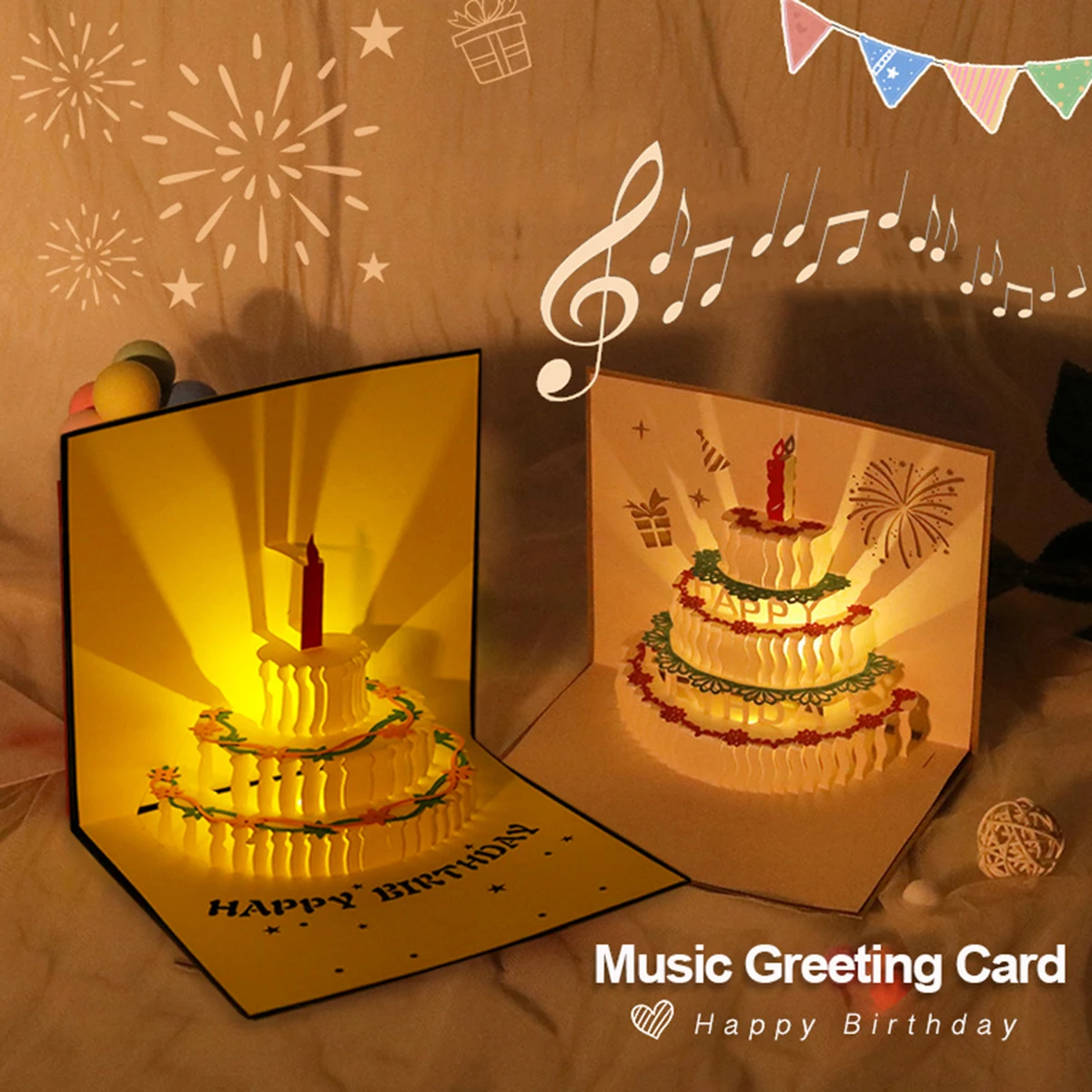 Kuchen kreative Grußkarte alles Gute zum Geburtstag Party Geschenk Nachricht Karten Party Geschenke 3D alles Gute zum Geburtstag Grußkarte mit Musik – Detail 1