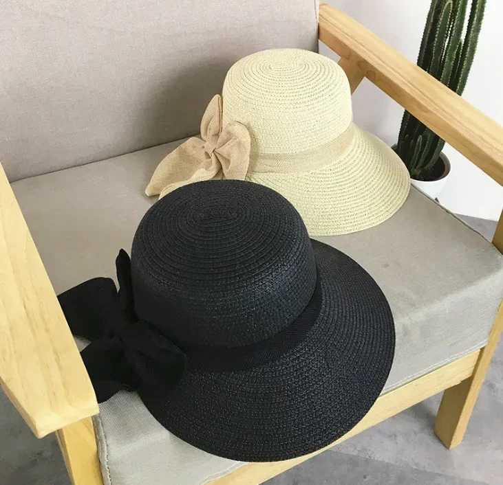 

2020 Women's Sun Hat Big Bow Wide Brim Floppy Summer Hats for Women Beach Panama Straw Bucket Hat Sun Protection Visor Femme Cap