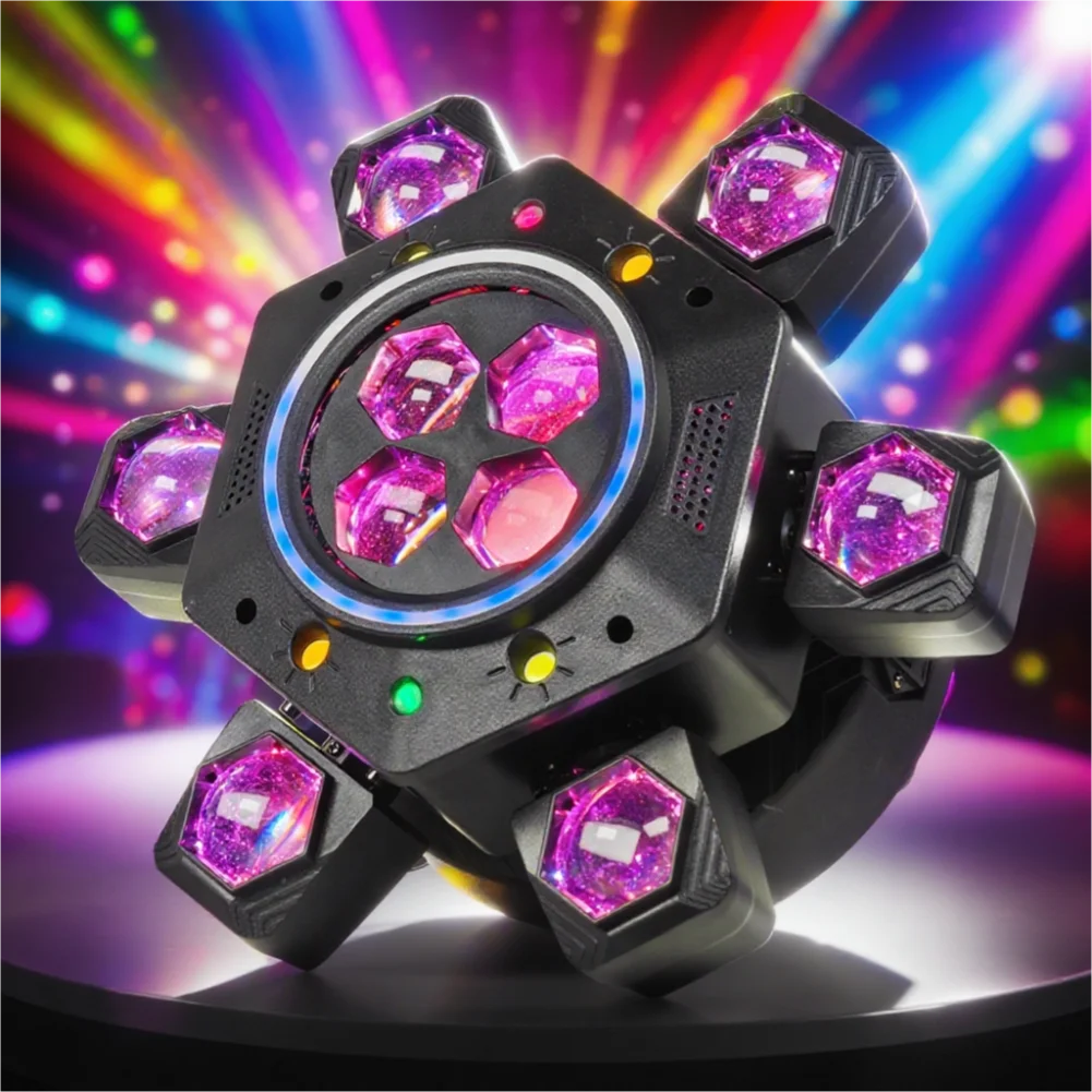 180w 6-Arm 디스코 빔 비 아이 회전 무대 조명 DMX512 RGBW 빔 + RG 레이저 + 흰색/따뜻한 흰색 플래시 + RGB 라이트 스트립