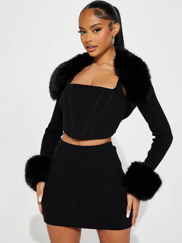 

BKQU сексуальный меховой лоскутный комплект из 3 предметов, женская шаль с длинными рукавами + топ на бретелях + персиковая юбка на бедрах, облегающее клубное вечернее платье Y2K, наряд