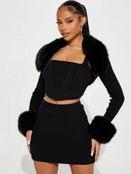 BKQU Sexy Fur Patchwork 3 Piece Set Women Long Sleeve Shawl+Tank Top+Peach Hip Skirt Matching Skinny Y2K Club Party Dress Outfit