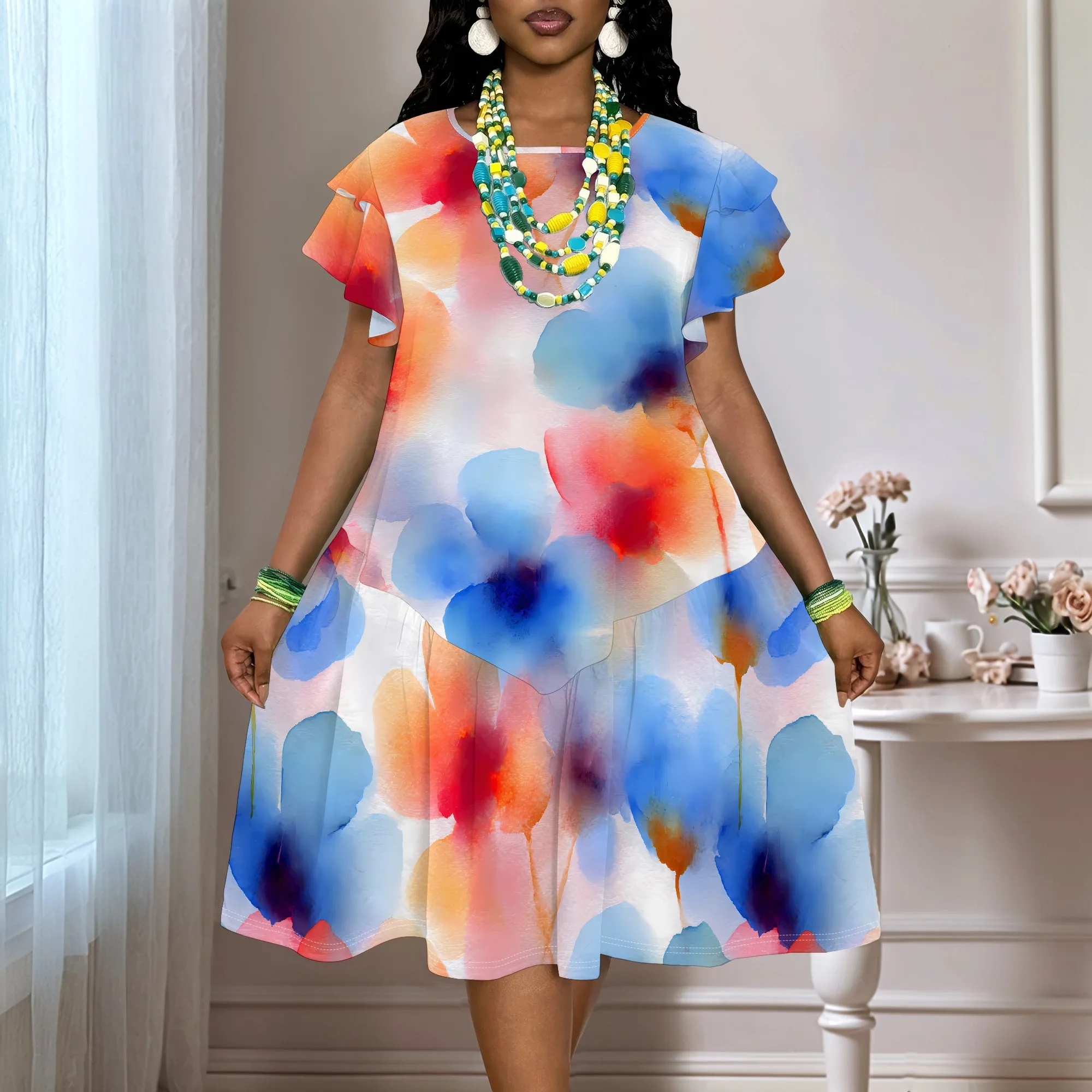 Women's Watercolor Floral Print Short Sleeve Dress XL-6XL Loose Fit Summer Casual A-Line Swing Dress