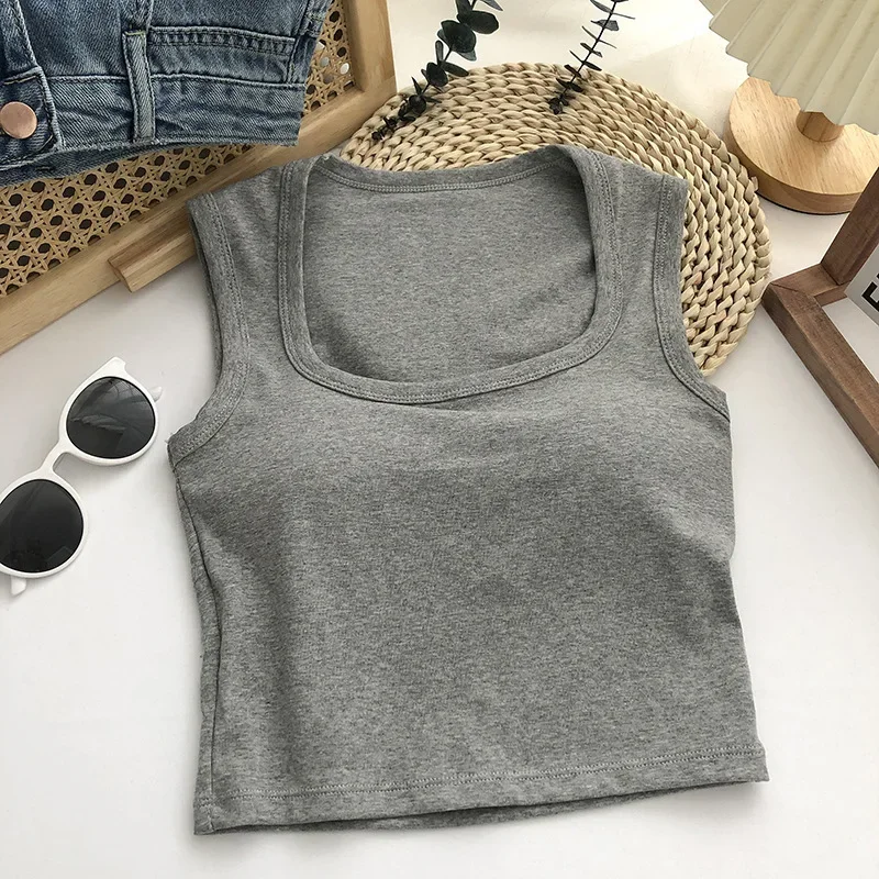 Women Tank Tops Sexy Square Low-Collar Sleeveless Neck Camisole Solid Tank Top Female Summer with Pad Solid Color Bottoming Tops