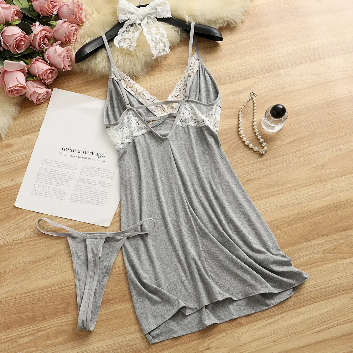 Pyjama à bretelles en coton pour femmes, lingerie confortable, ensemble sexy en dentelle, sous-vêtements à fente haute, tentation bébé, non transparent