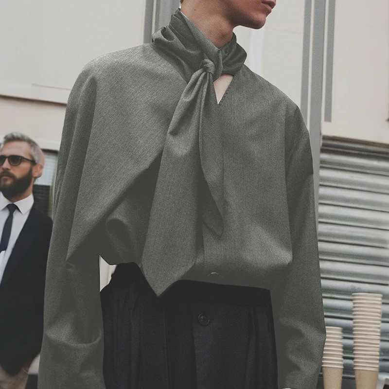 

INCERUN Мужская рубашка сплошной цвет с v-образным вырезом и длинным рукавом Свободная повседневная мужская одежда с завязками Уличная одежда 2025 Модные топы Camisas S-5XL