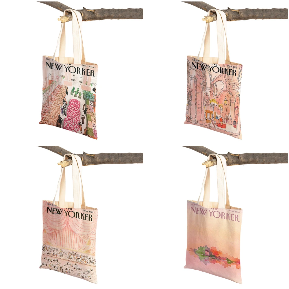 Nordic The New Yorker City Magazine Women Shopping Bags Double Print Casual Shopper Bag Lady Canvas Tote Leaf Travel Handbag