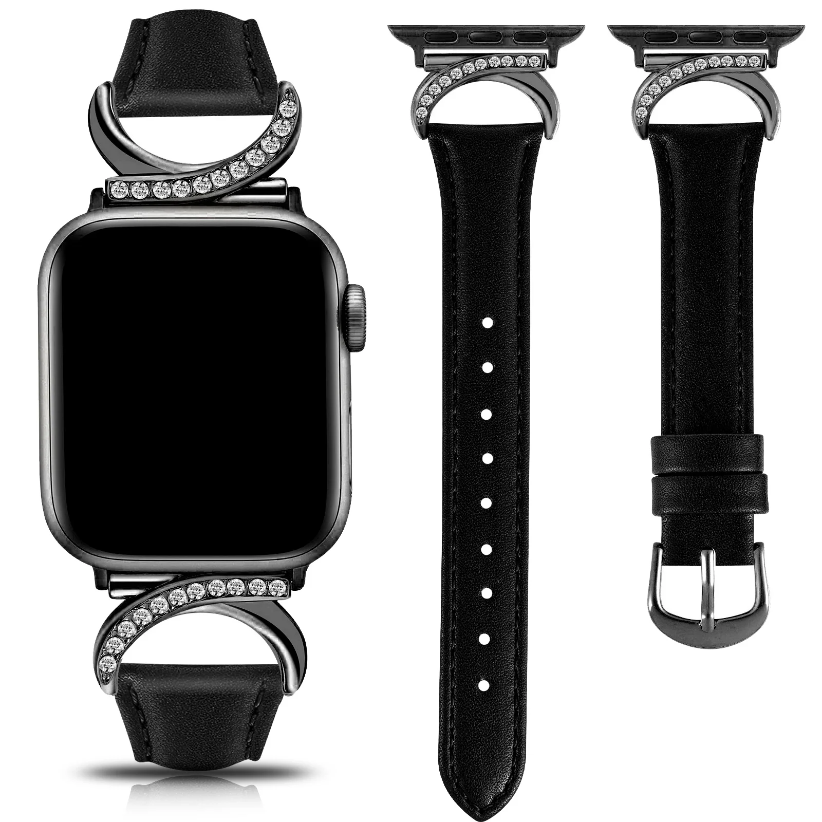 Leather Strap for Apple Watch Series 9/8/7/6/5/4/3/2/1/SE Leather Metal Linker Strap for 42mm 40mm 41mm 44mm 45mm Women's Strap