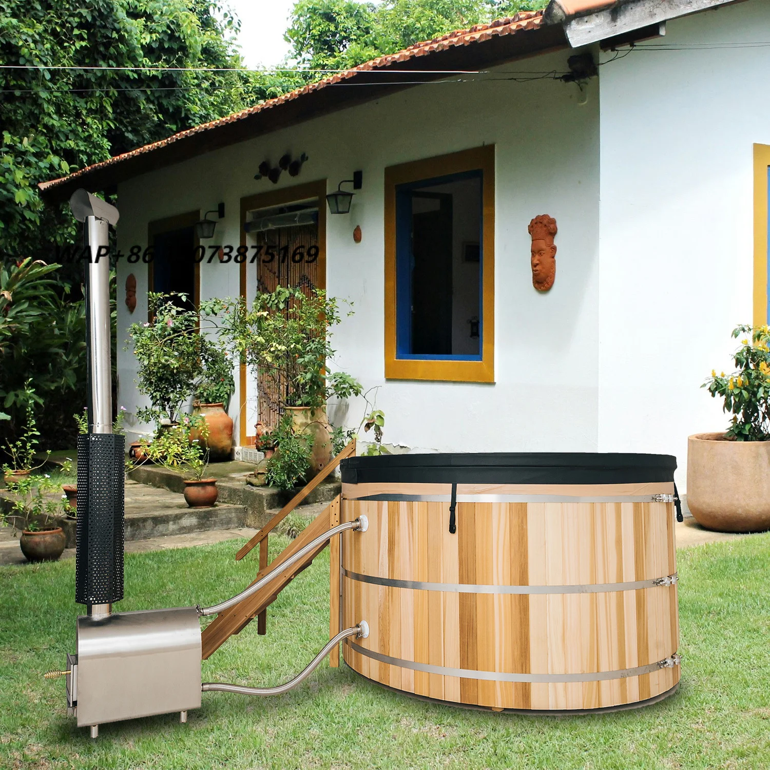 Cheap Price Custom Size 4 Person Red Cedar Wooden Spa Hot Tub with Exterior Wood Fired Heater