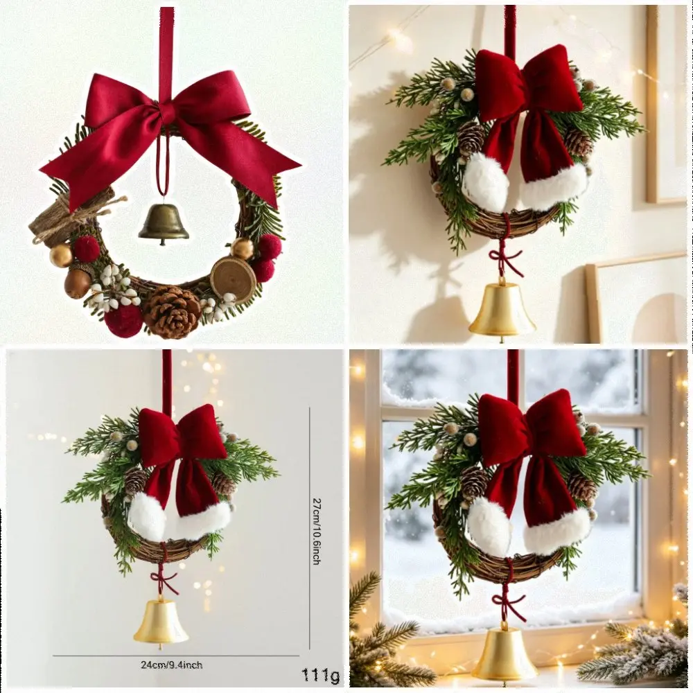 Red Wooden Christmas Wreath With For Velvet Bows Pinecones And Jingle Bells Rustic Holiday Hanging Decor For Tree Mantel Garland