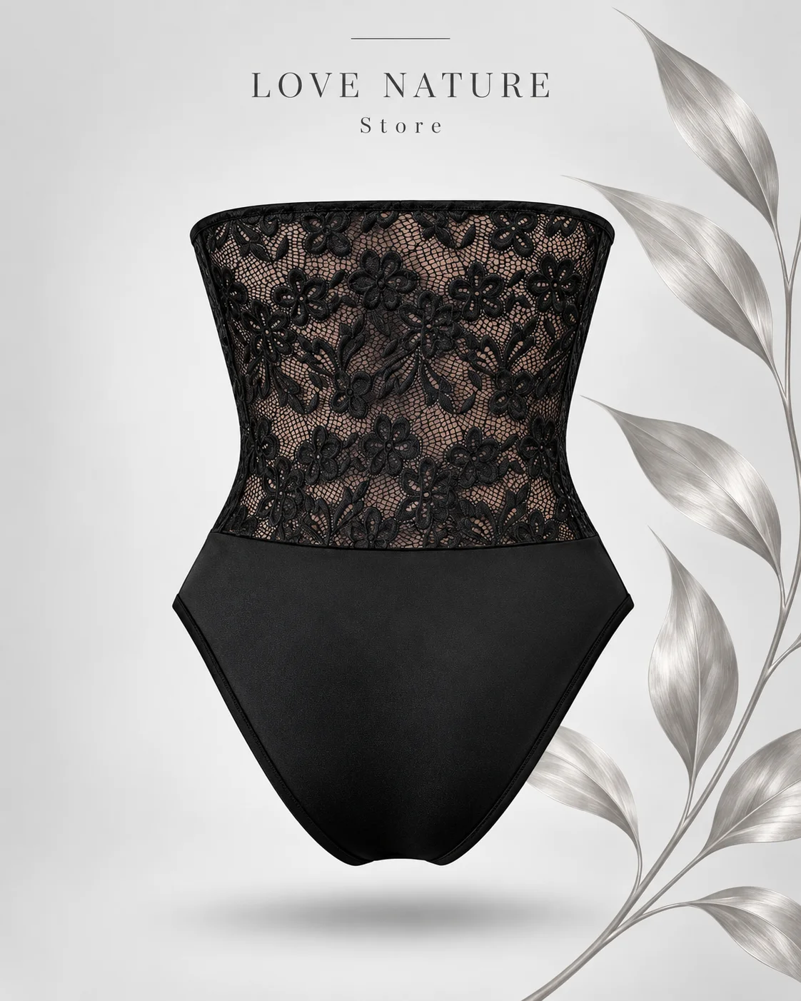 【LOVE NATURE Store】Women's Sexy Black Floral Lace Bodysuit, Strapless Sheer Mesh Corset Bustier Teddy Lingerie