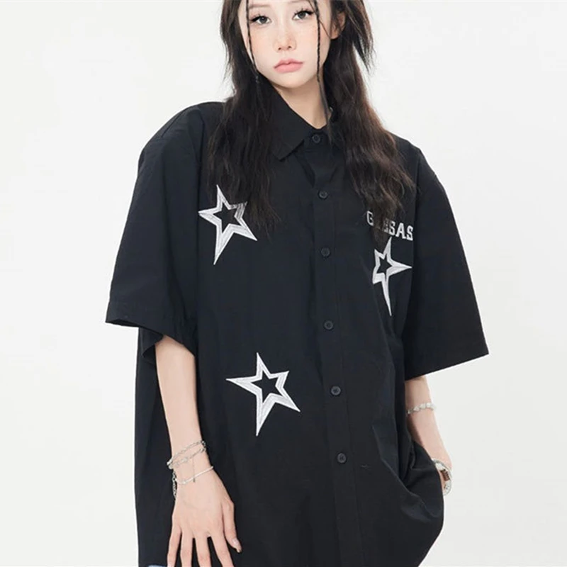 Hip Hip Five-pointed Star Black Shirts Mens Oversized Solid Blouses Cute Button Up Shirt Y2K Streetwear Harajuku Couples Summer