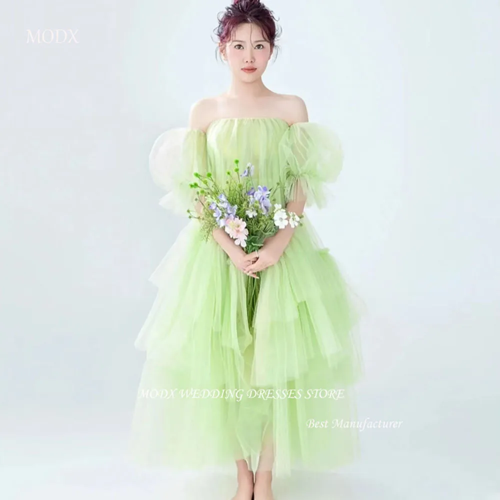 

MODX Bright Green Tulle Evening Dresses Korea Photoshoot Strapless Puff Short Sleeves Tiered Ankle Length Wedding Gowns