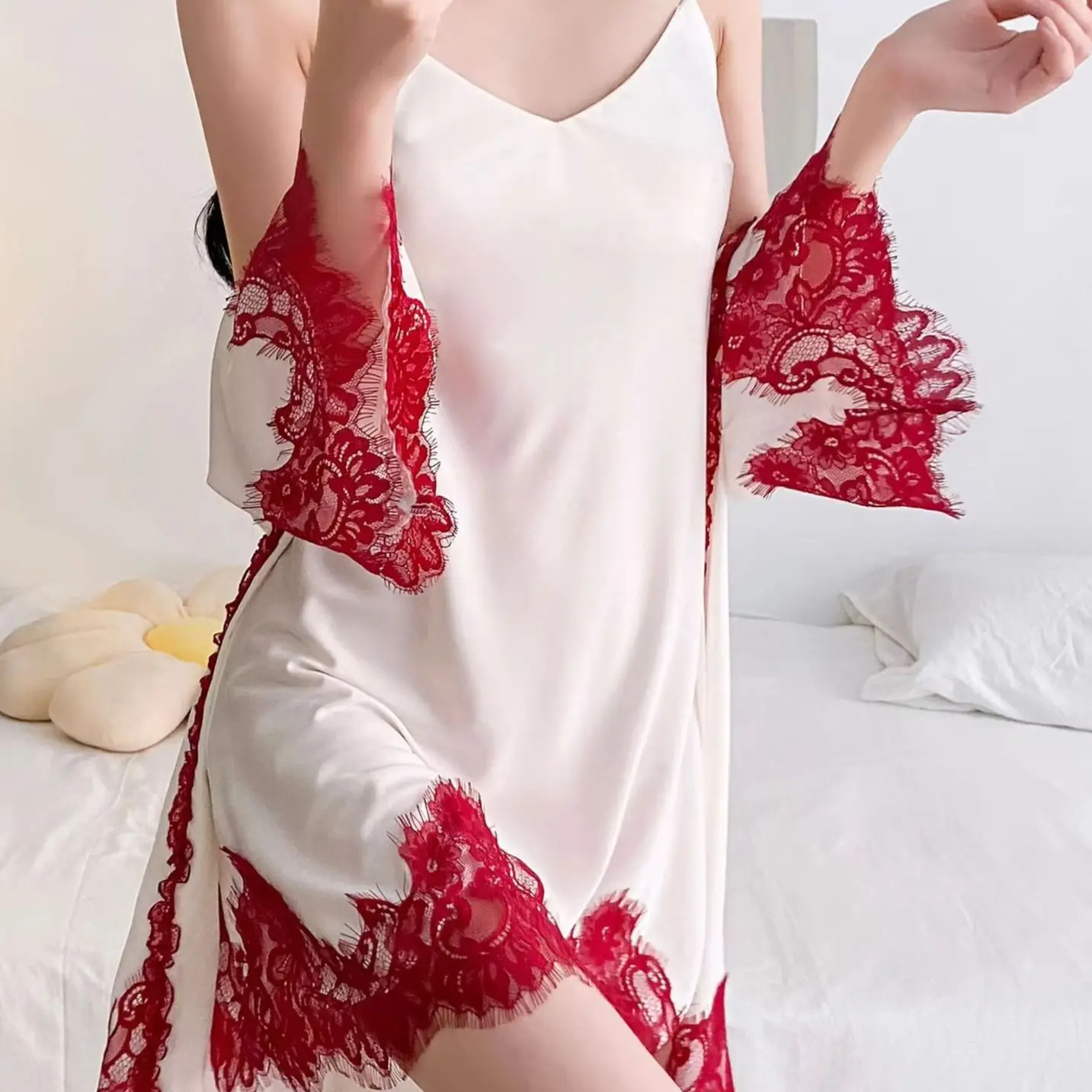 

Two Piece Kimono Bathrobe Gown Set Silky Satin Robe Suit Lingerie Women Spring Summer Lace Nightgown Sleepwear Loungewear