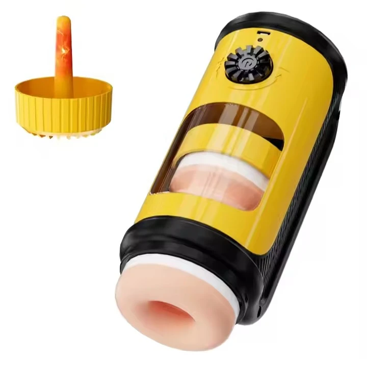 التدفئة التلقائية تلسكوبي شفط 3in1 جهاز استمناء مع واقعية المهبل عرض بصري الأصفر الذكور لعبة الجنس الكبار المورد