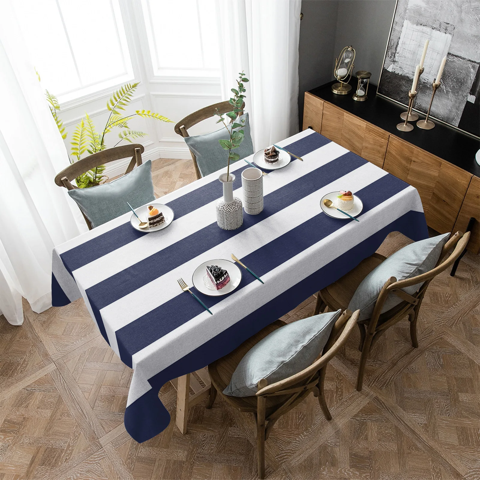 Navy Blue White Stripes Rectangular Tablecloth Dustproof Picnic Cloth Home Decoration Kitchen Waterproof Table Cover