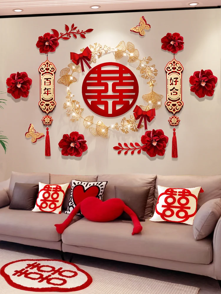 Chinese Happy Wedding Room Decor LED Shiny 3D Red Flower Bedroom TV Background Window Wall Engagement Party Decoration DIY