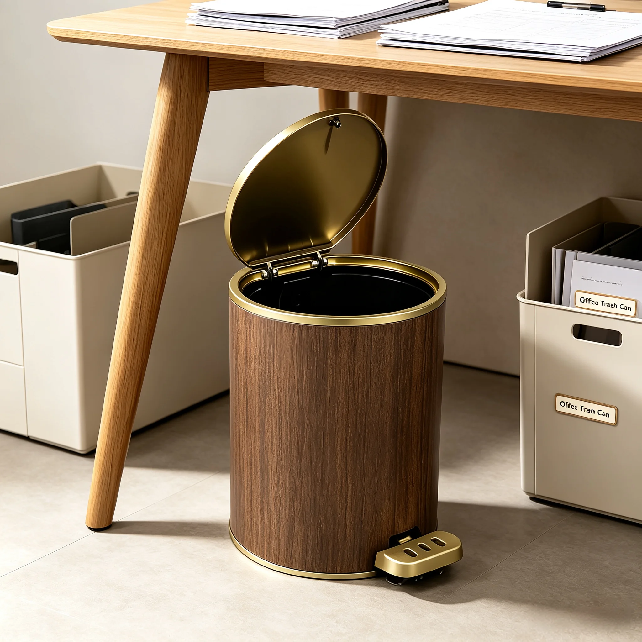 Round Pedal Trash Can, Wood‑Grain Plastic Garbage Bin with Golden Rim, Foot‑Operated Lidded Waste Bucket with Removable Inner Bucket, Odor‑Sealed Rubbish Bin for Bathroom, Bedroom, Living Room, Apartment