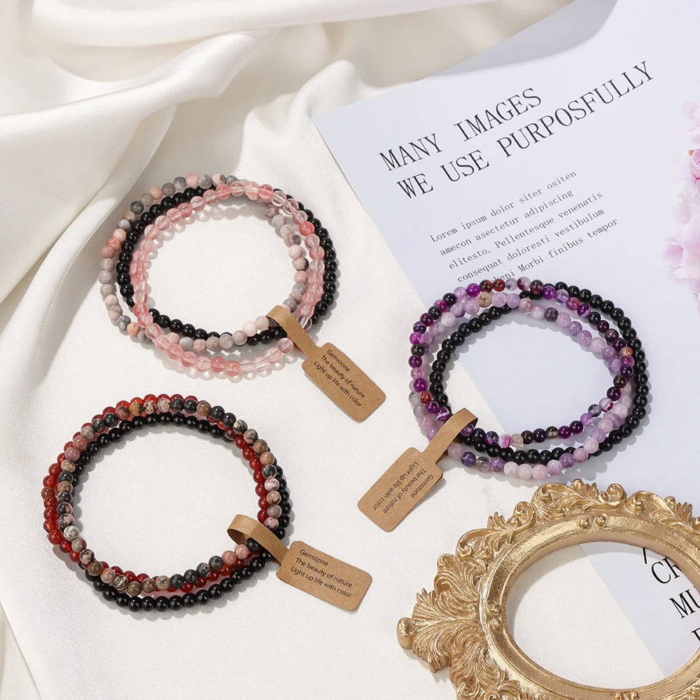 4mm Mini Natural Stone Mineral Beaded Bracelet Minimalism New Fashion Elastic Rope Gem Bracelets 3pcs/set Gifts Wholesale