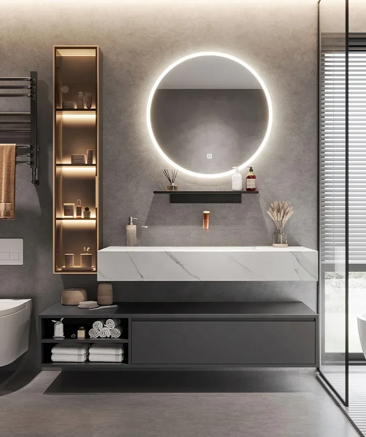 

Customized size Solid wood oak Rock slab integrated basin bathroom vanities powder room cabinets