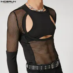 INCERUN Men's T Shirt Mesh Patchwork O-neck Long Sleeve Sexy Men Tee Tops See Through Hollow Out 2024 Streetwear Party Camisetas