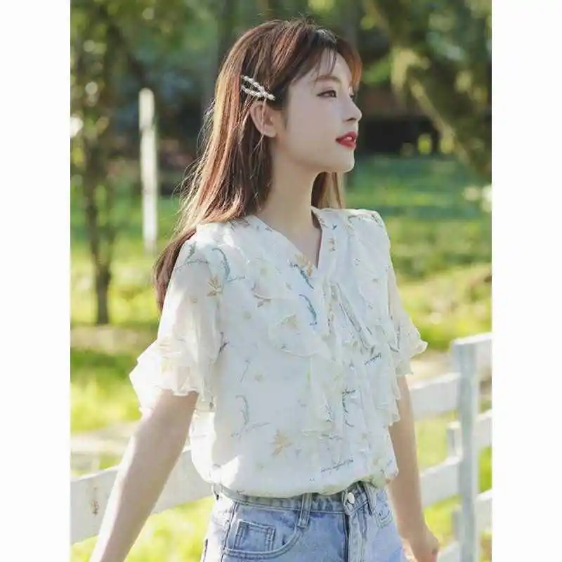 Blumen-Chiffon irt Damen Summer Faion Straight Cut Knot Ry Cotton ort Sve V-Ne Wärmtragende offene...