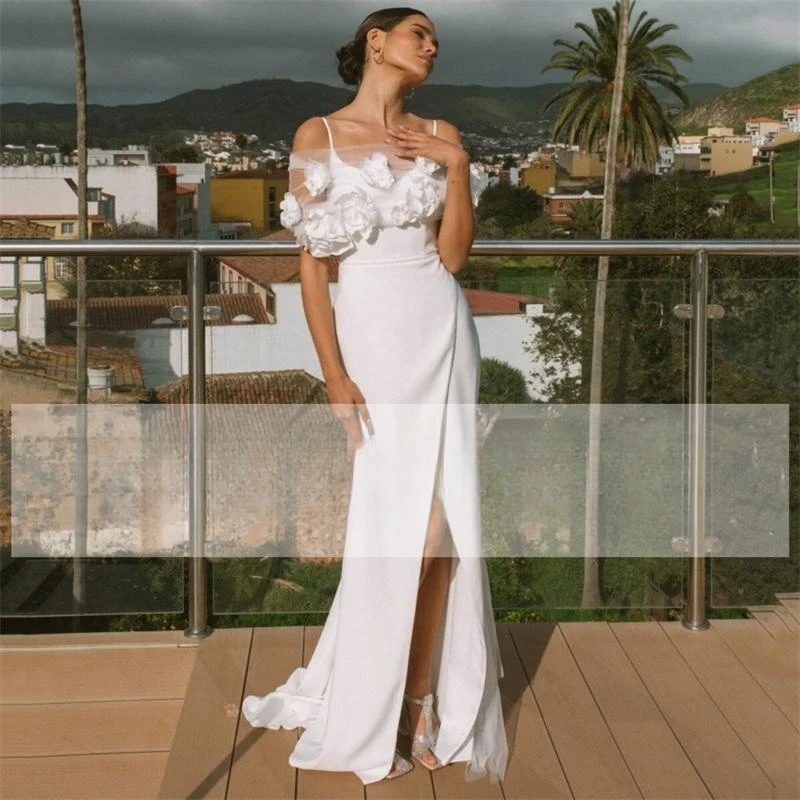 Abito da sposa da donna aperto sul retro con scollo a V diviso in raso fiore con cinturino per spaghetti abito da sposa Vestido De Noiva personalizza su misure