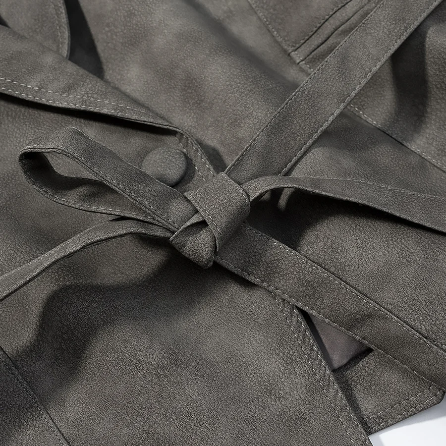 DiYiG WOMAN 2025 Winter New Fashion Faux Leather Printed Suit Chic with Belt Retro Long Sleeve Jacket Outerwear Mujer