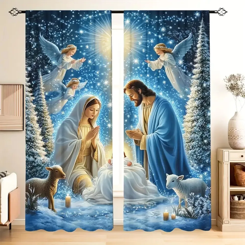 2PCS Christmas Winter Curtains, Nativity Angel Lamb Star, Digital Print, Bedroom Living Room, Rod Pocket Polyester, Home Decor