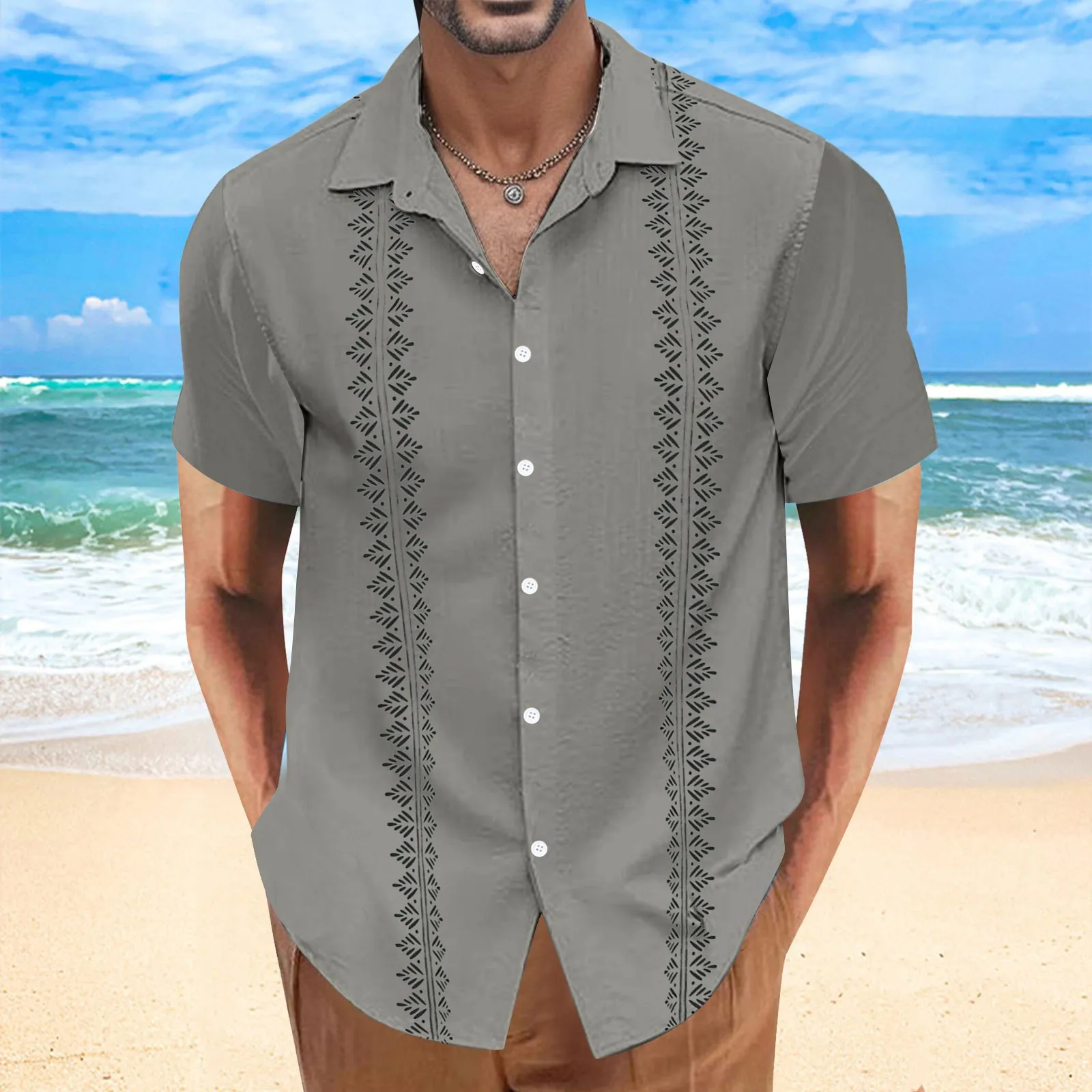 Beach Holiday Shirt Short Sleeve Cardigan Men\'S Leaf Printed Lapel Short Sleeve Men\'S Shirt Guayabera Vintage Blouse Chemise