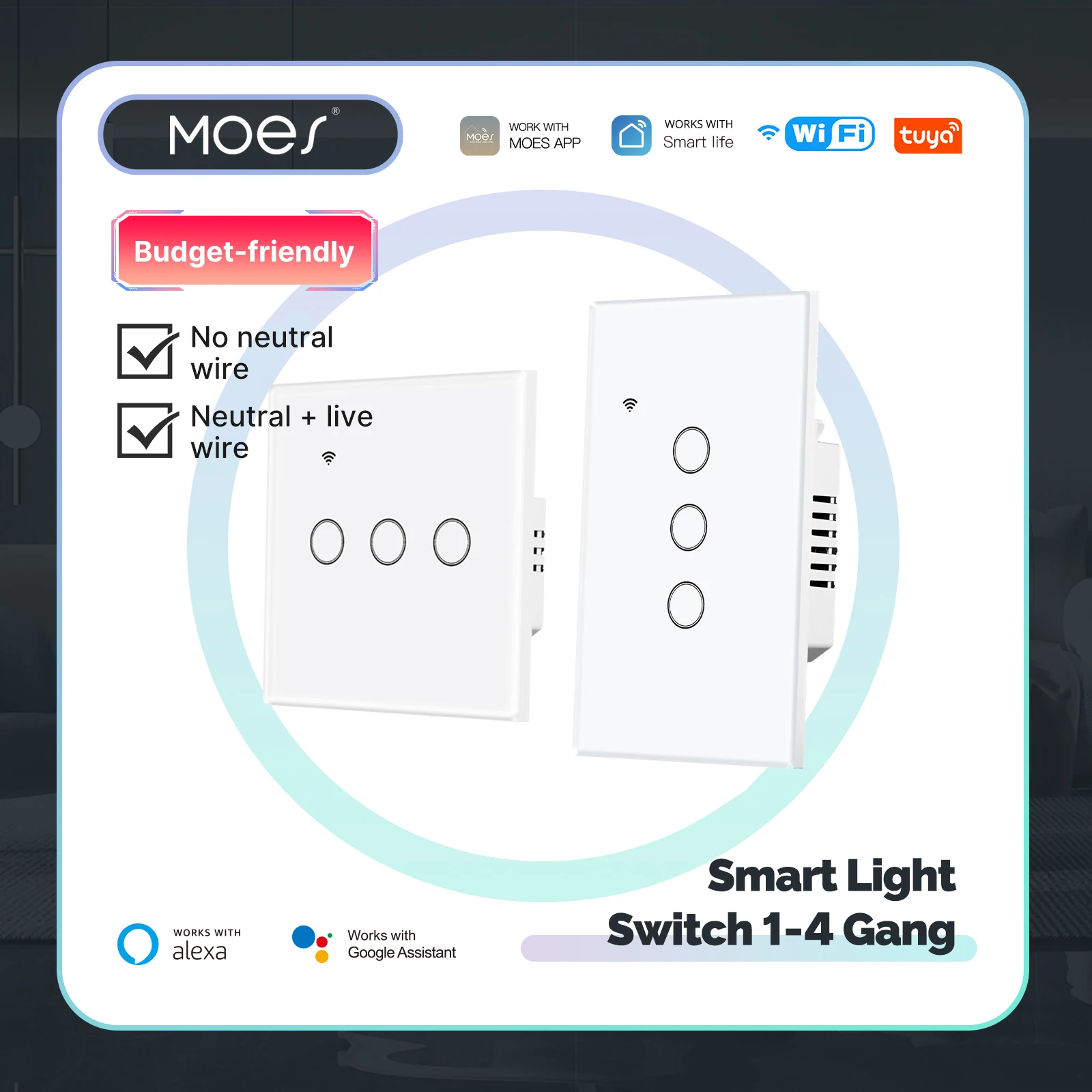 

Tuya WiFi Smart Light Switch Glass Touch Control Fireproof No Neutral Wire Required Remote Control Work With Alexa Google Home